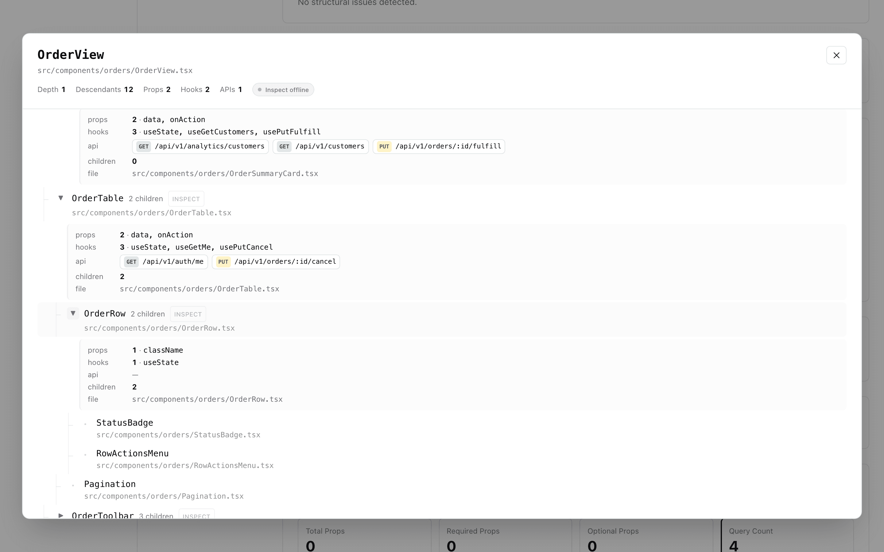 Child subtree modal showing API endpoint chips and the Inspect button